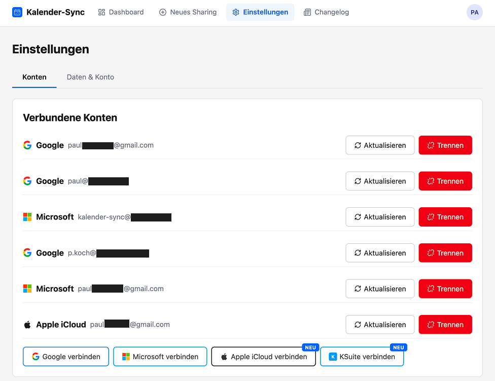 Kalender Sync Einstellungen — Kalender-Provider verbinden